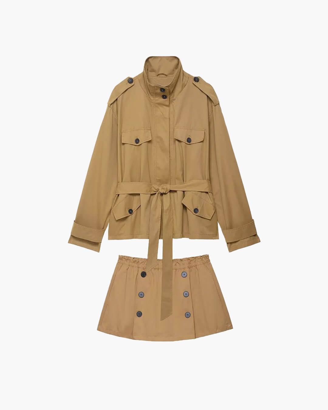 Conjunto Claire com gabardine curta e saia-calção