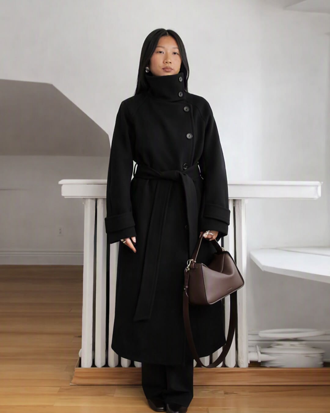 Claudine Long Belted High Collar Coat