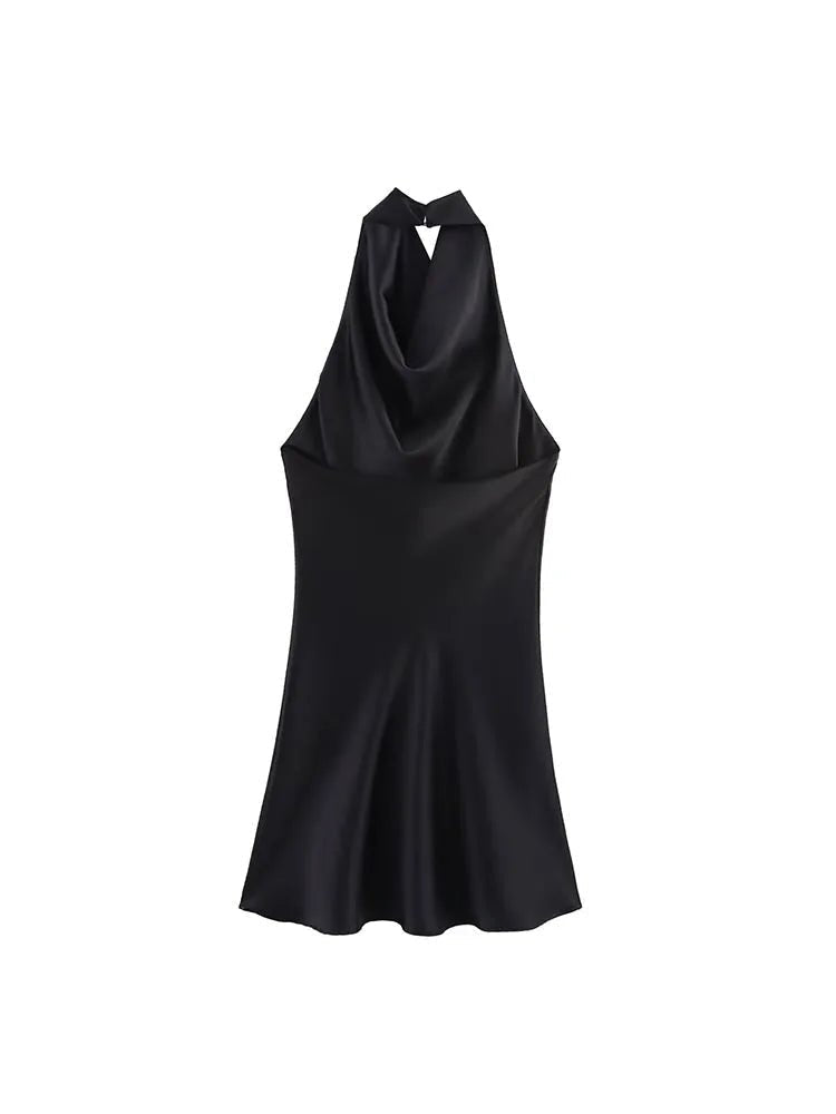 Vestido curto drapeado de cetim com decote halter Colleen