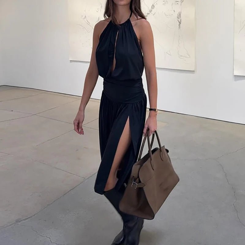 Vestido midi Coralie com decote halter e recortes