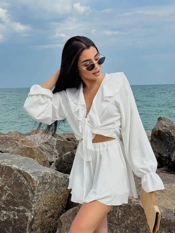 Conjunto Cordelia de duas peças com decote em V e folhos