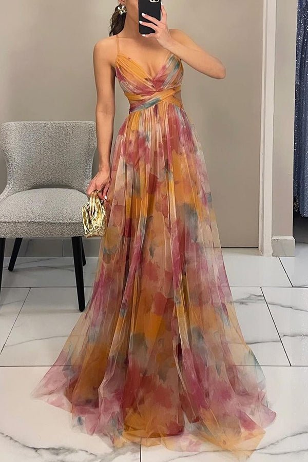Vestido comprido Dahlia em tule com padrão floral