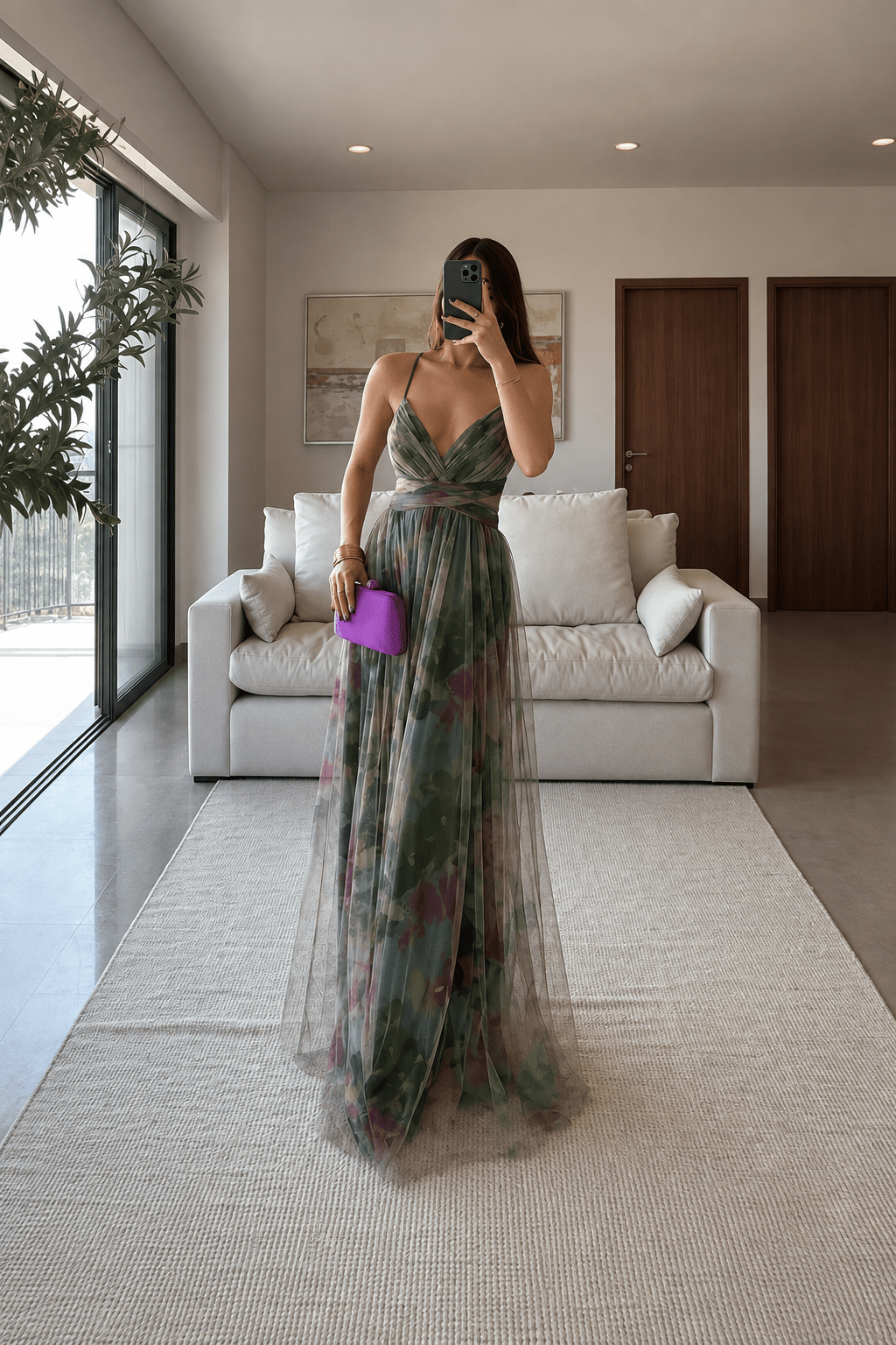 Vestido comprido Dahlia em tule com padrão floral