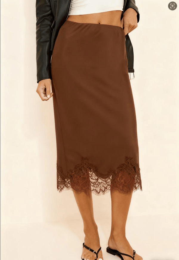 Dalila Side Slit Lace Trim Midi Skirt