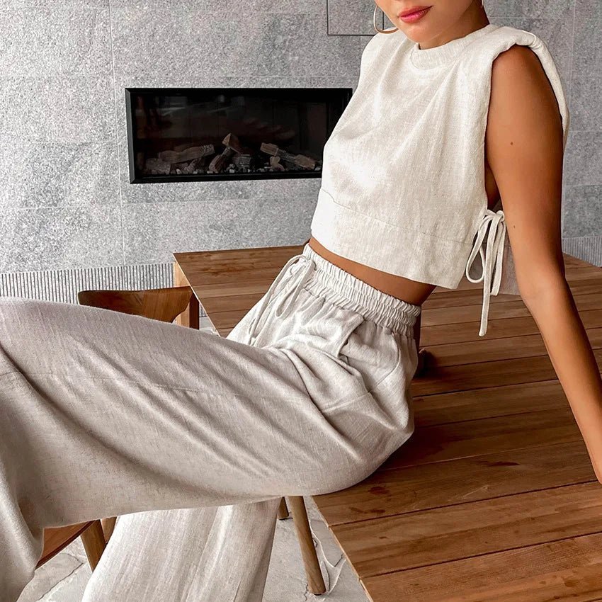Conjunto Delfina de duas peças em linho com top curto