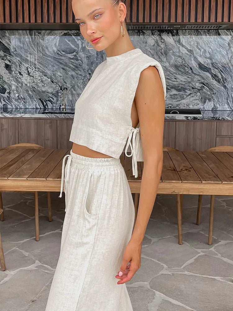 Conjunto Delfina de duas peças em linho com top curto