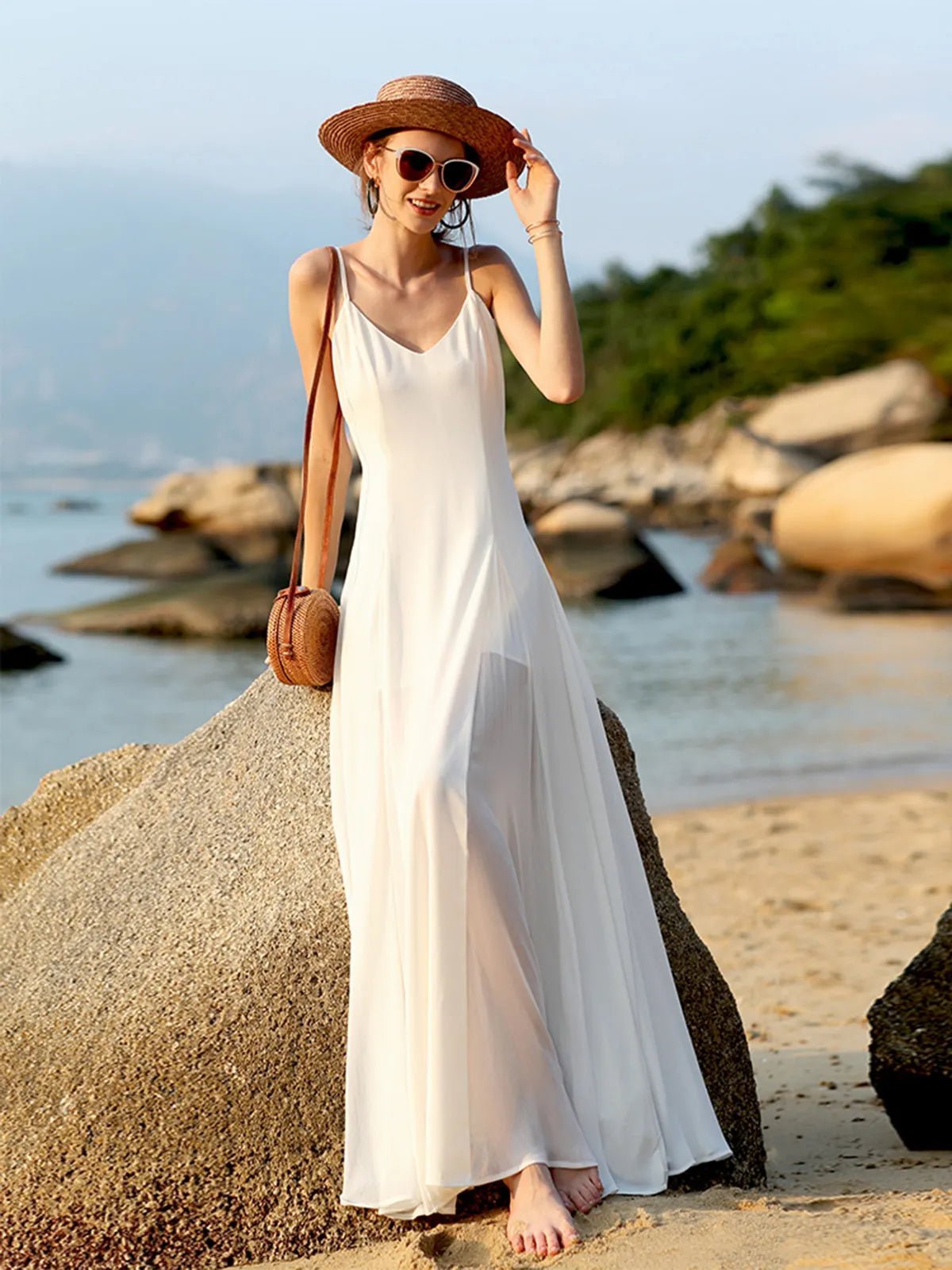 Vestido comprido Delphine com decote em V e costas descobertas
