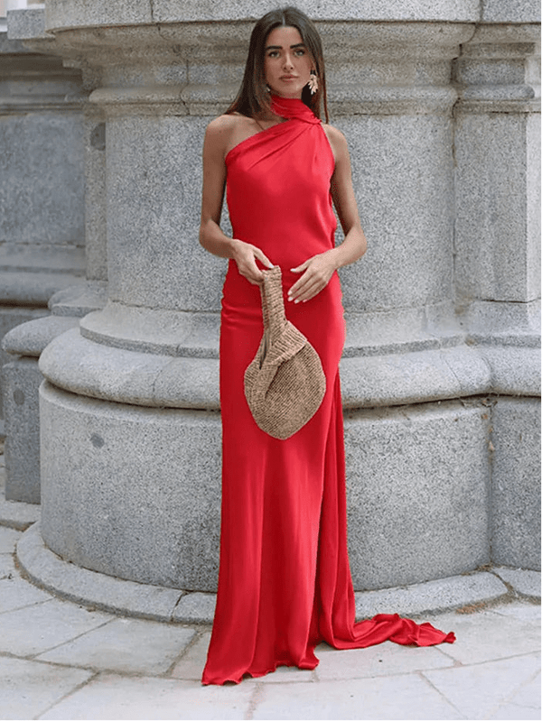 Demetra Satin Halter Backless Evening Gown
