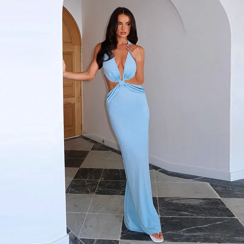 Vestido comprido com decote em V profundo e franzidos Denise