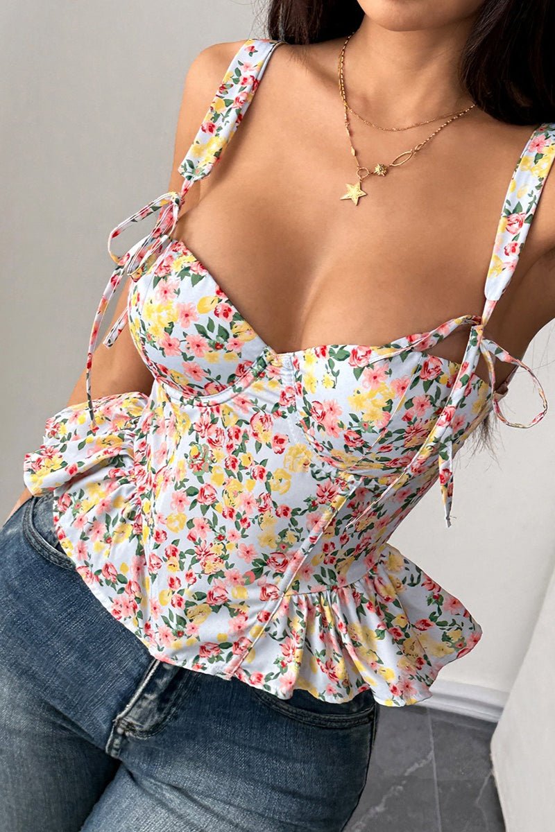 Top de alças Elara com peplum e padrão floral