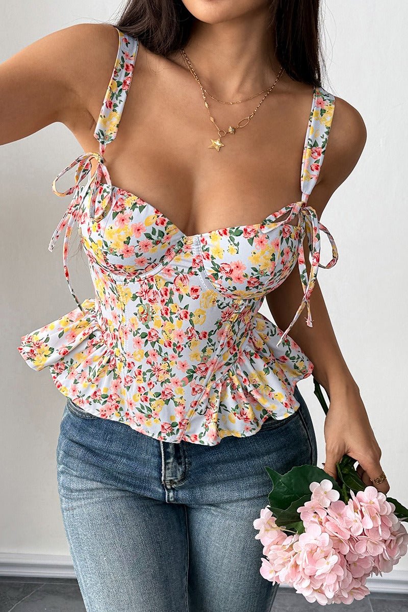 Top de alças Elara com peplum e padrão floral