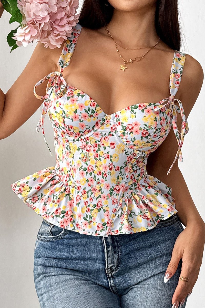 Top de alças Elara com peplum e padrão floral