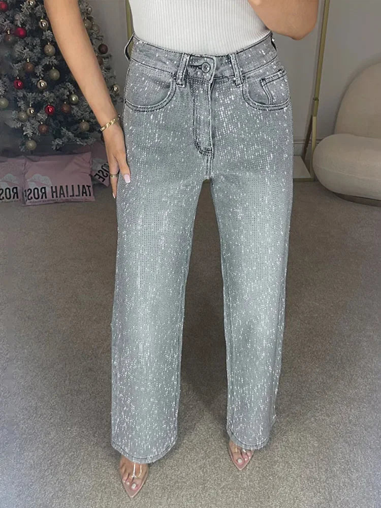 Eliana Wide Leg Denim Pants with Rhinestones