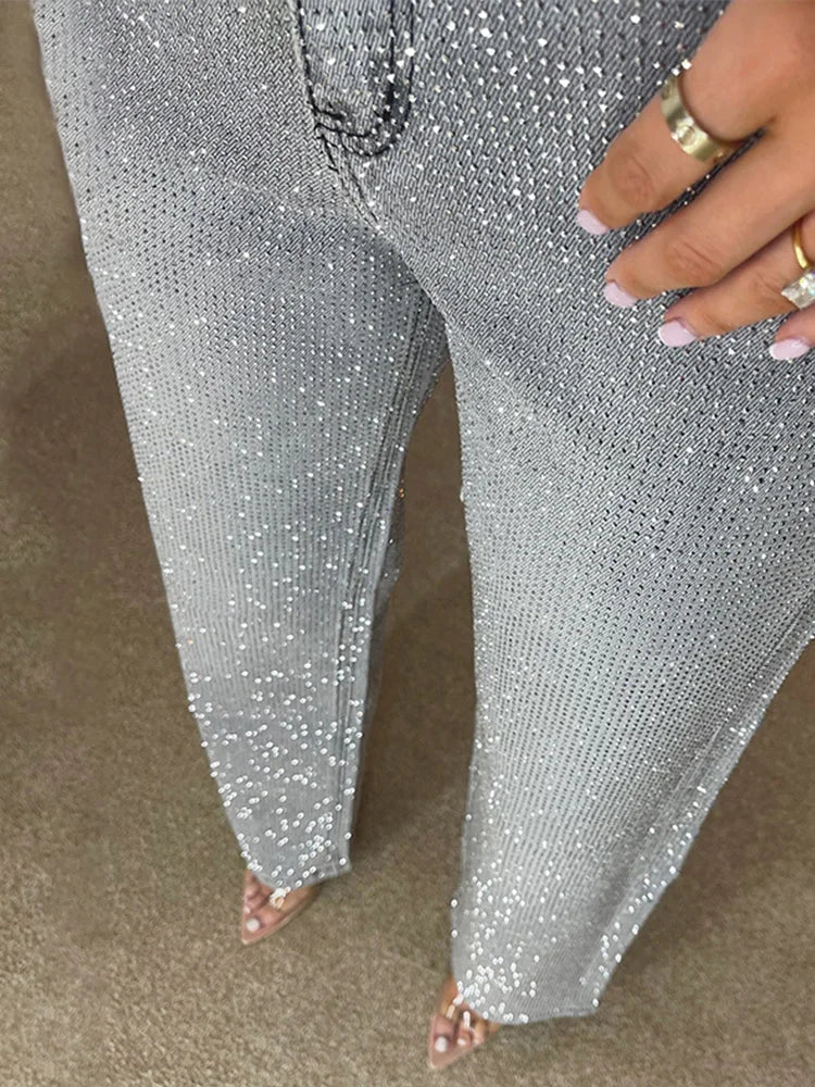 Eliana Wide Leg Denim Pants with Rhinestones