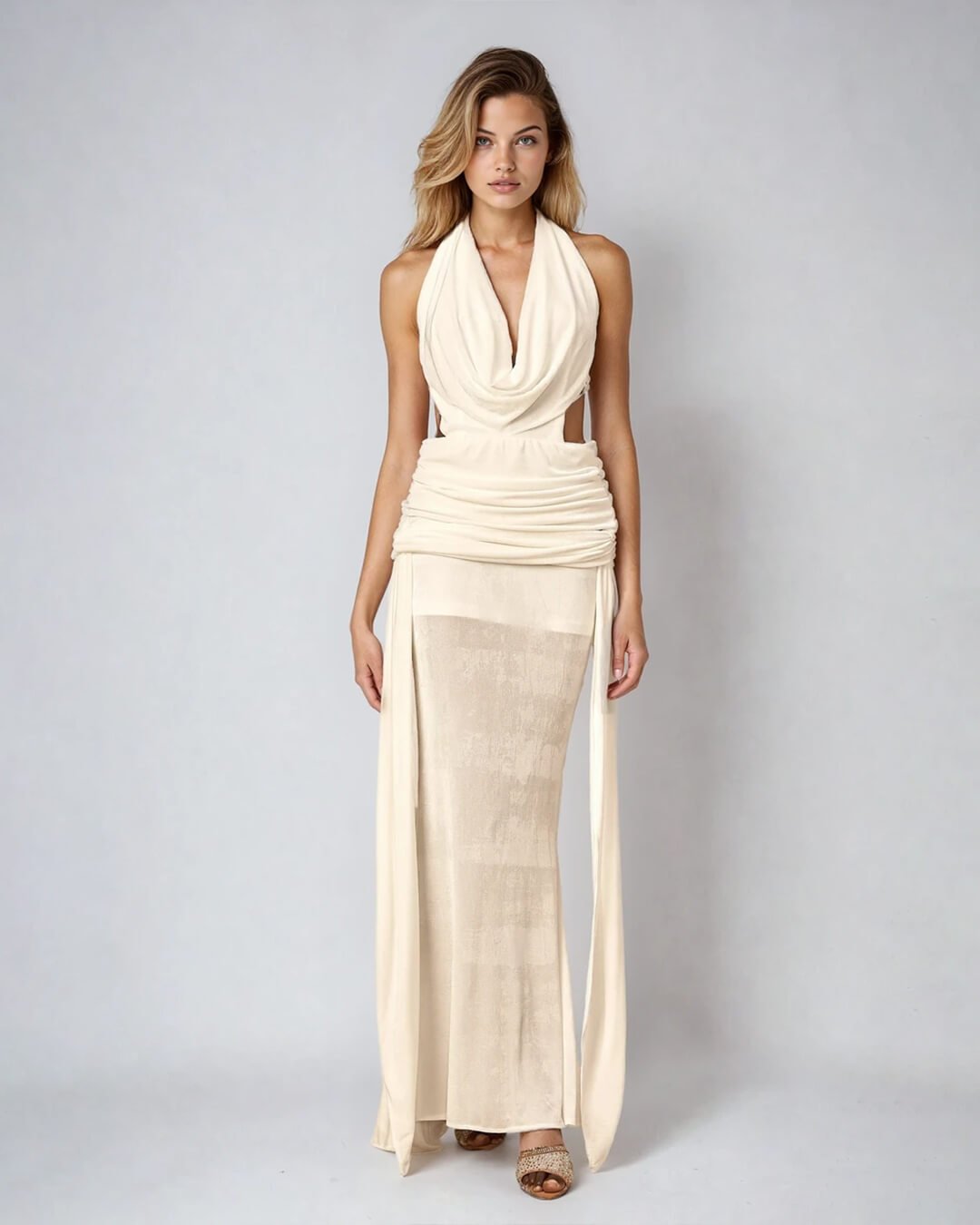 Vestido comprido Elyse, cai-cai e sem costas