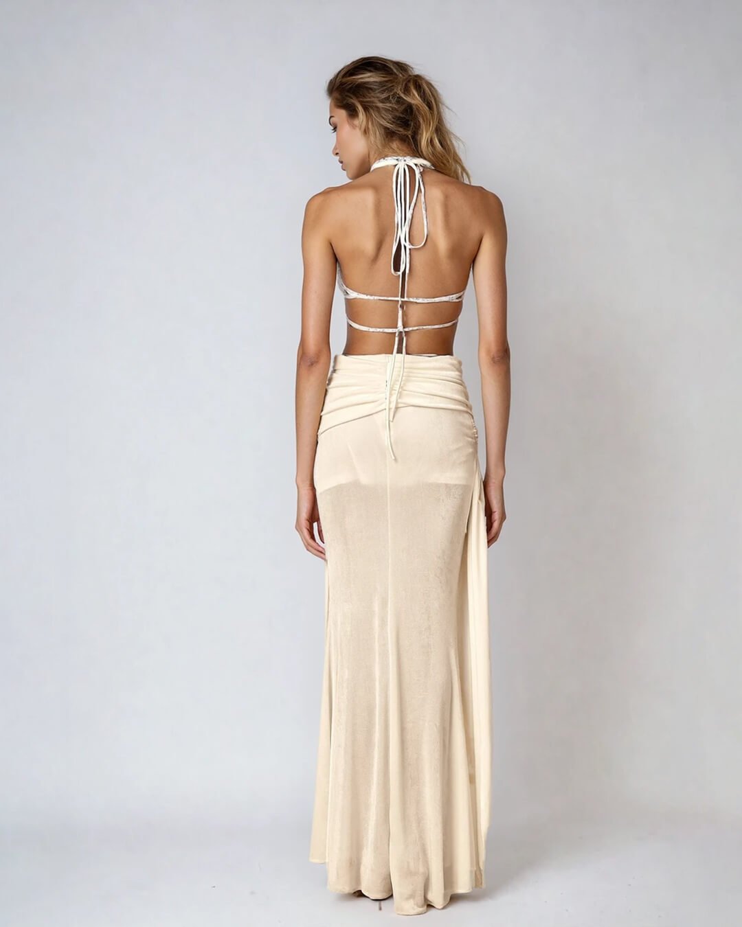 Vestido comprido Elyse, cai-cai e sem costas