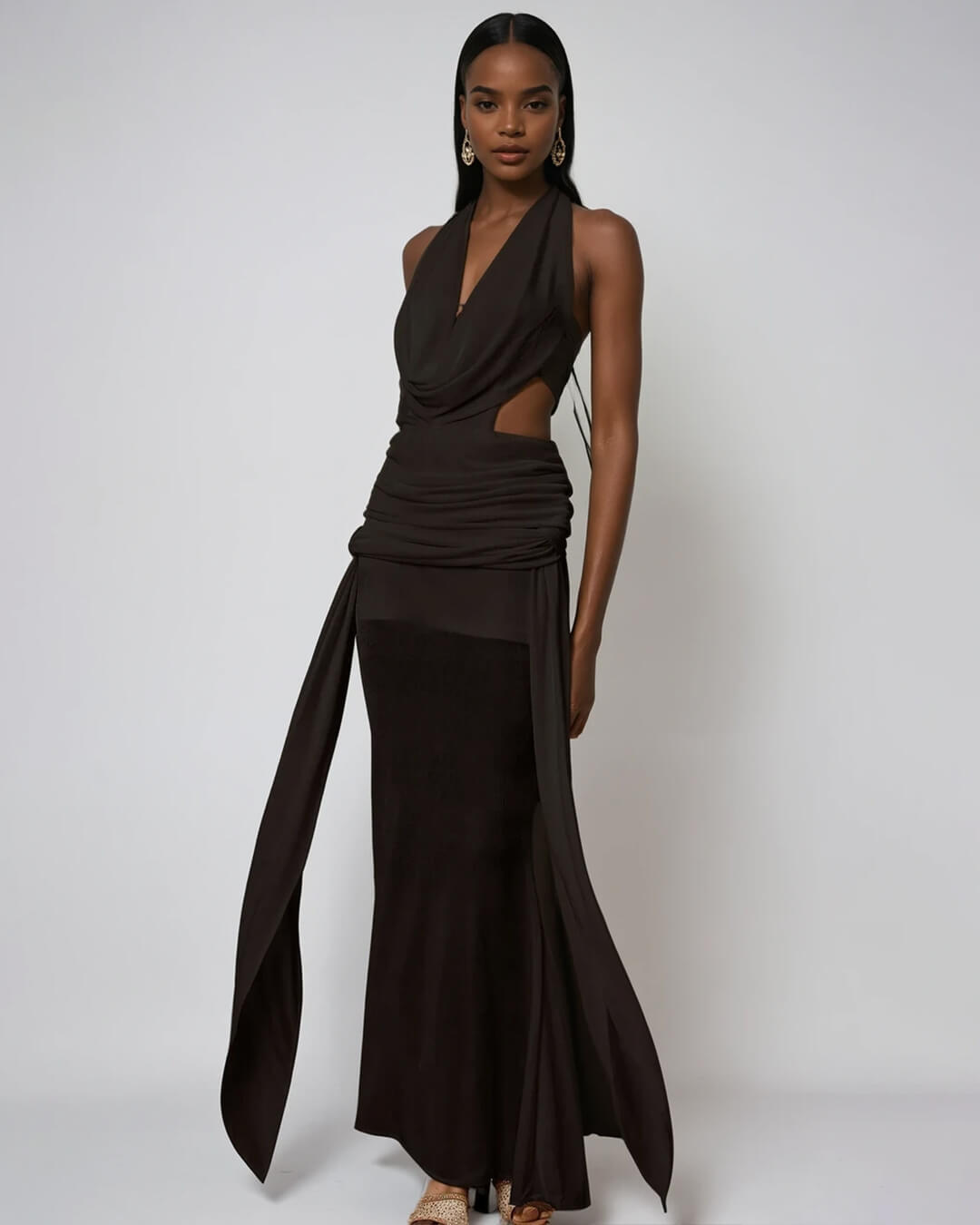 Vestido comprido Elyse, cai-cai e sem costas