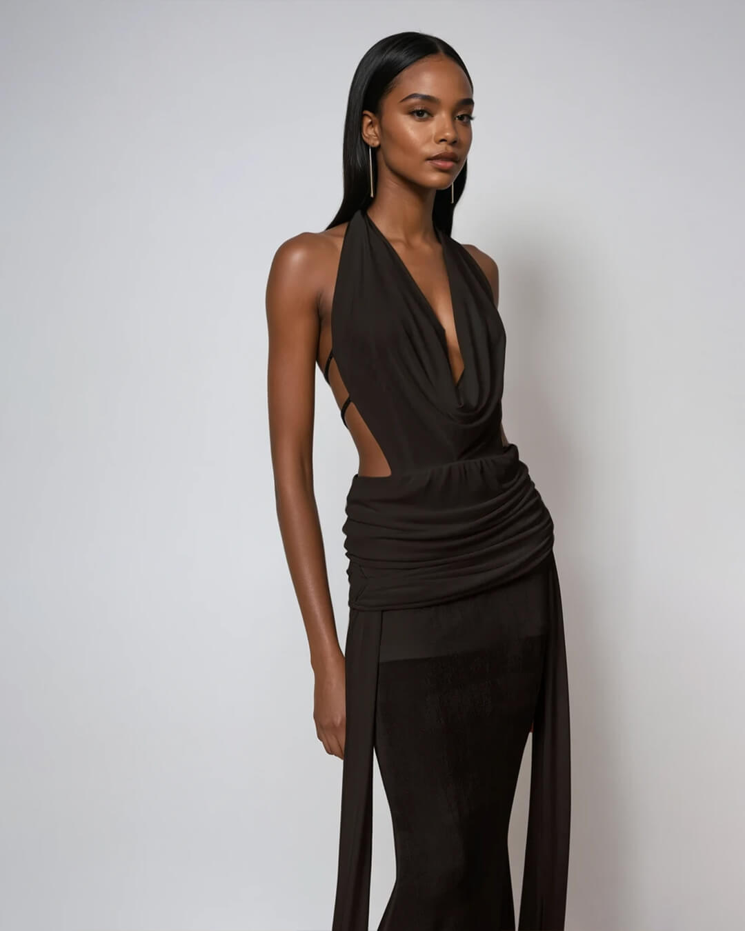 Vestido comprido Elyse, cai-cai e sem costas