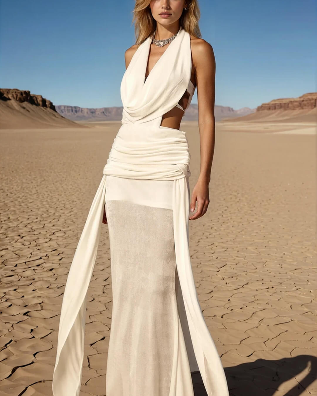 Vestido comprido Elyse, cai-cai e sem costas