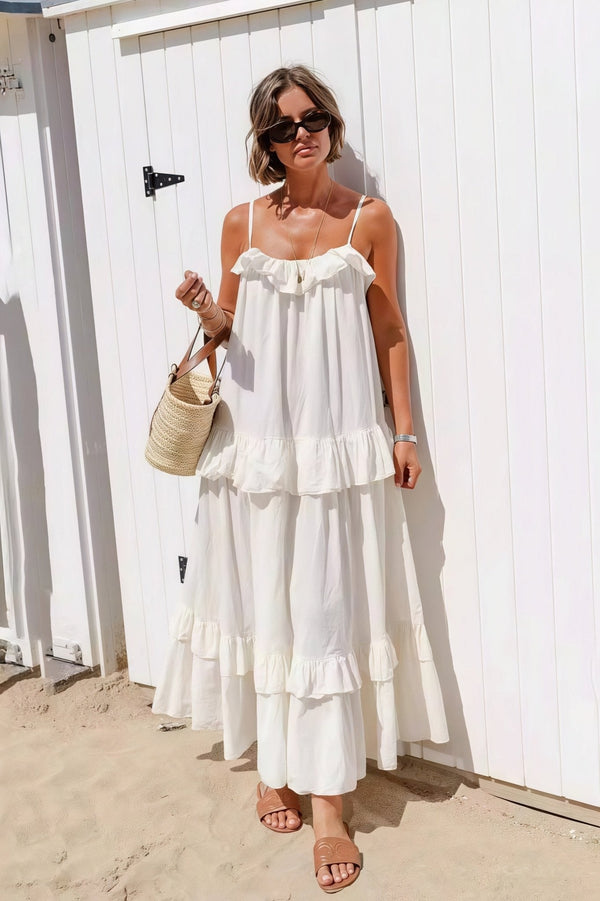 Vestido comprido fluido Emiliana com bainha de folhos