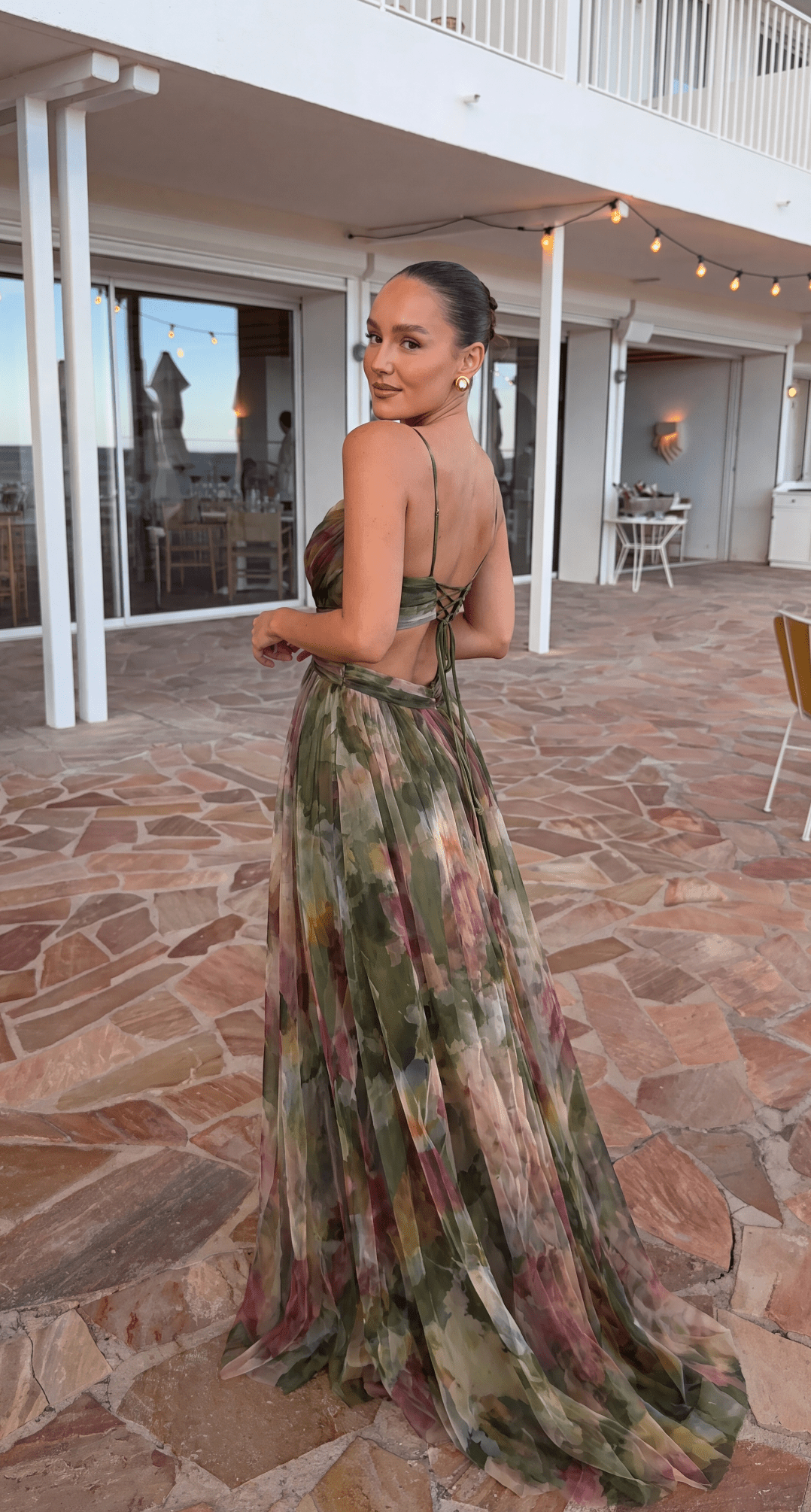 Vestido maxi Emma em malha transparente com padrão floral
