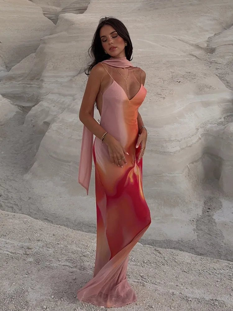 Vestido maxi acetinado com efeito ombré e costas descobertas Emma