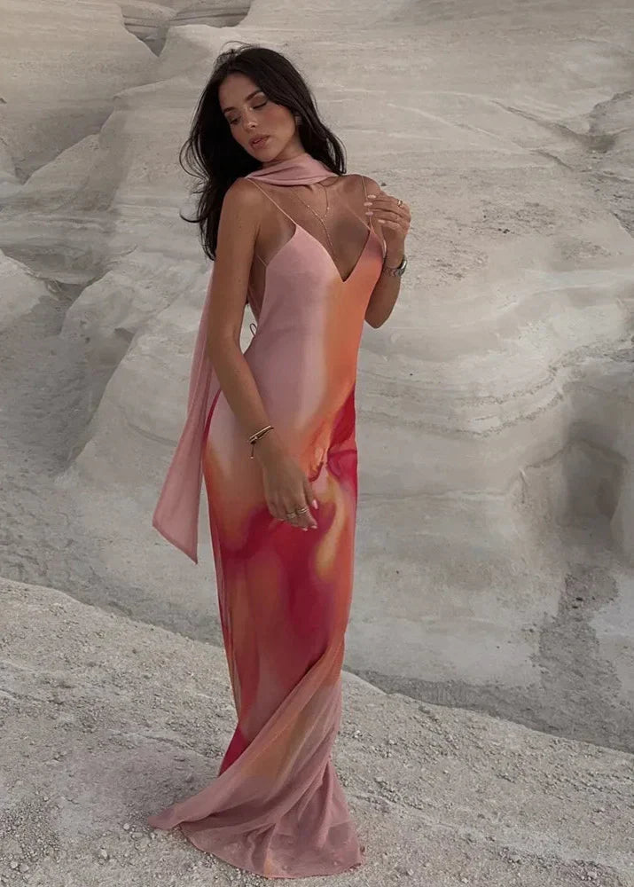 Vestido maxi acetinado com efeito ombré e costas descobertas Emma