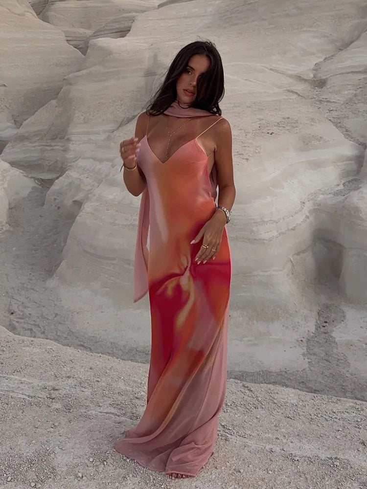 Vestido maxi acetinado com efeito ombré e costas descobertas Emma
