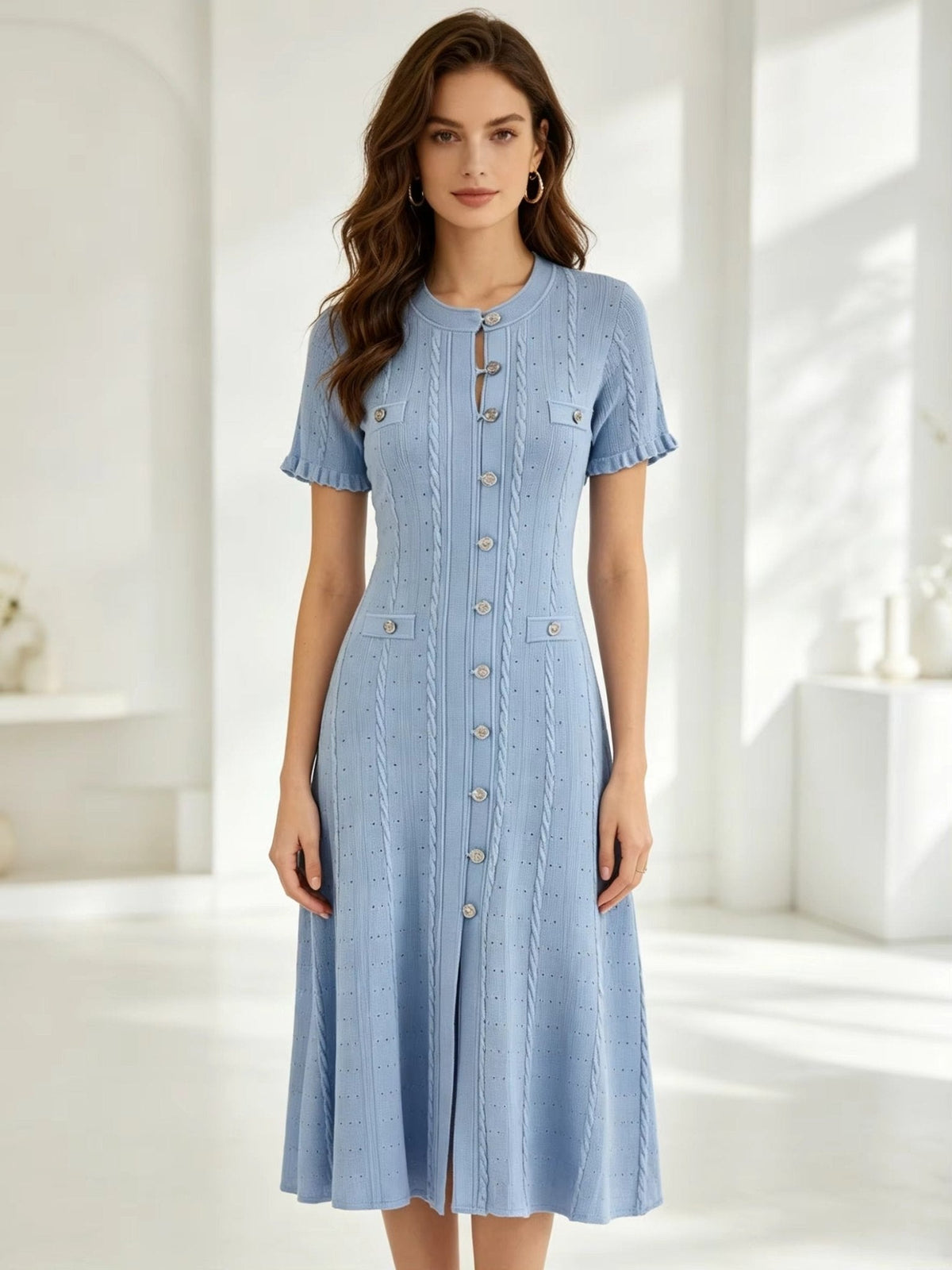 Vestido midi Erlinda de malha com botões à frente