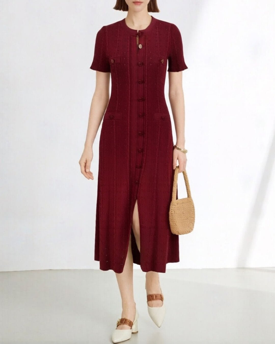 Vestido midi Erlinda de malha com botões à frente