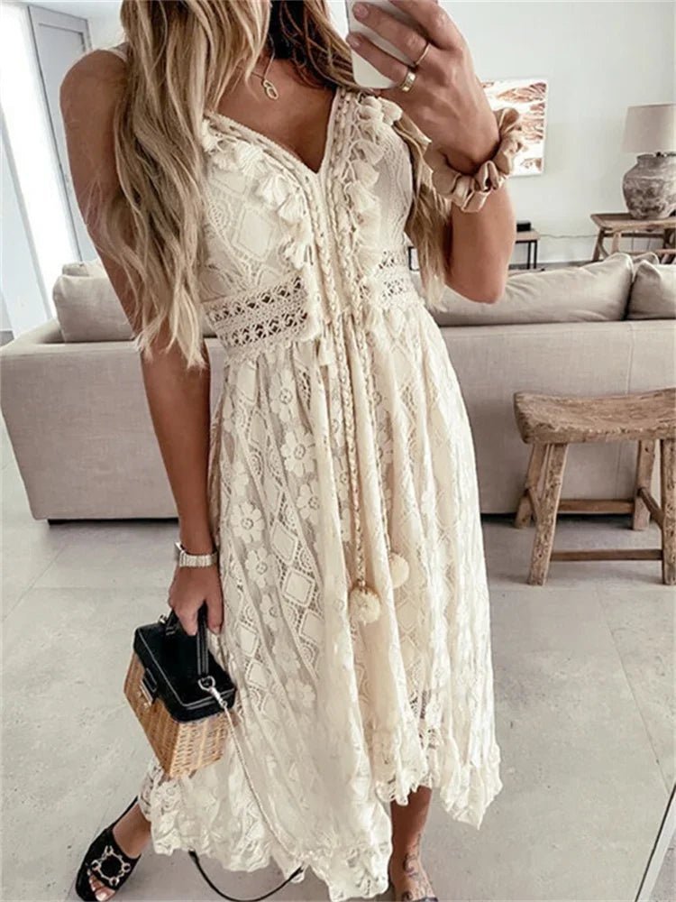 Vestido maxi Esra sem mangas, em renda e com decote em V