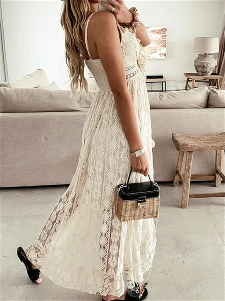 Vestido maxi Esra sem mangas, em renda e com decote em V