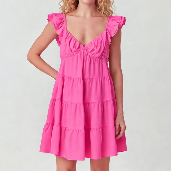 Vestido mini Eulalia com mangas esvoaçantes e folhos em camadas