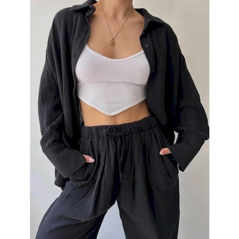 Conjunto Frances de camisola de manga comprida com lapelas e calças