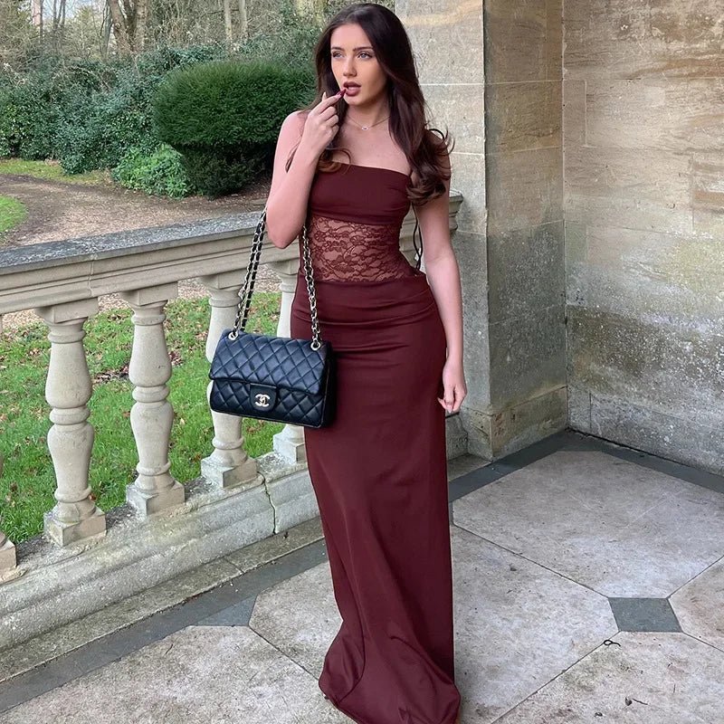 Vestido comprido Georgette com renda e cintura em malha