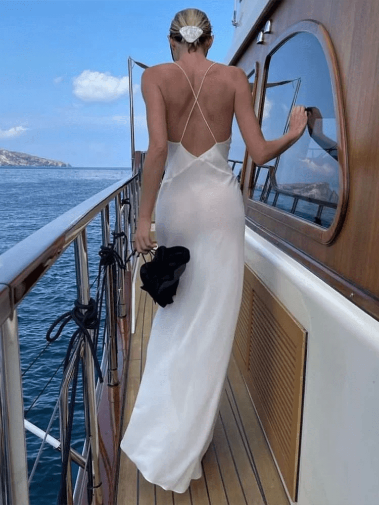 Vestido comprido de alças, transparente e com decote em V profundo Ginevra