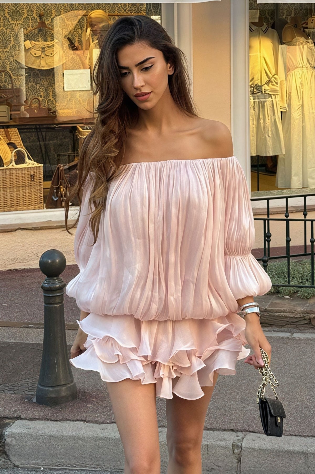 Mini vestido com folhos em camadas e ombros descobertos Greta