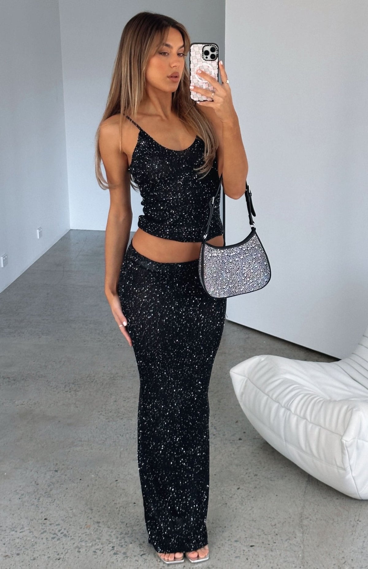 Conjunto de saia maxi brilhante Grettel