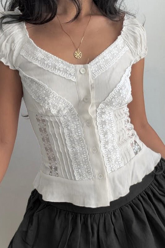 Hannah Button Front Puff Lace Blouse