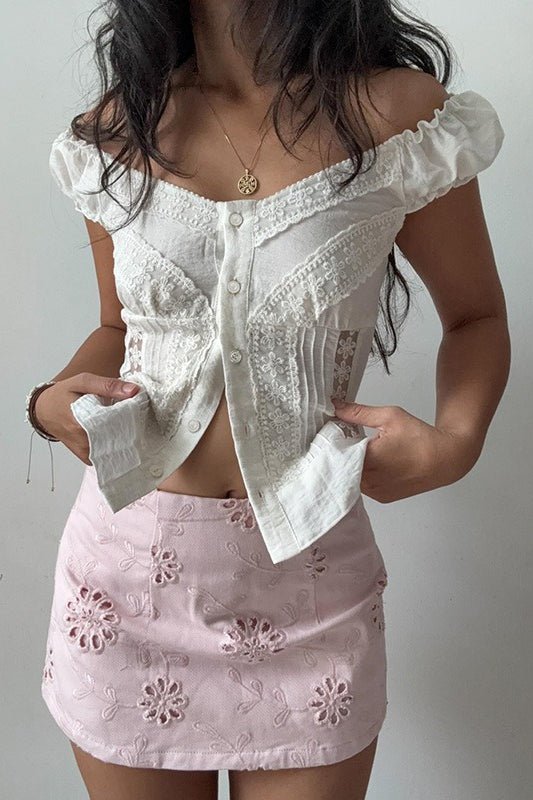 Hannah Button Front Puff Lace Blouse