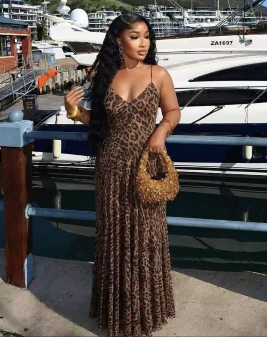 Vestido maxi Natalie de alças com padrão de leopardo