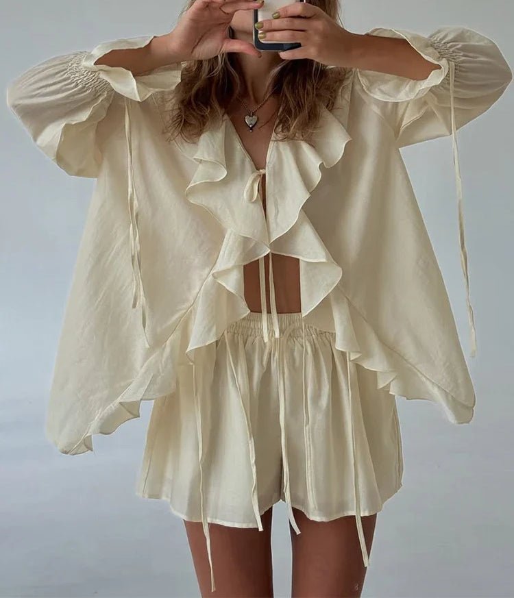 Conjunto de top com folhos e laço e calções Hannah