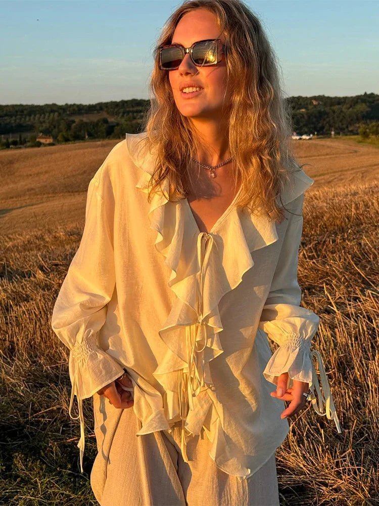 Conjunto de top com folhos e laço e calções Hannah