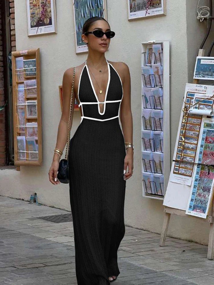 Vestido maxi Harley com decote halter e atilhos