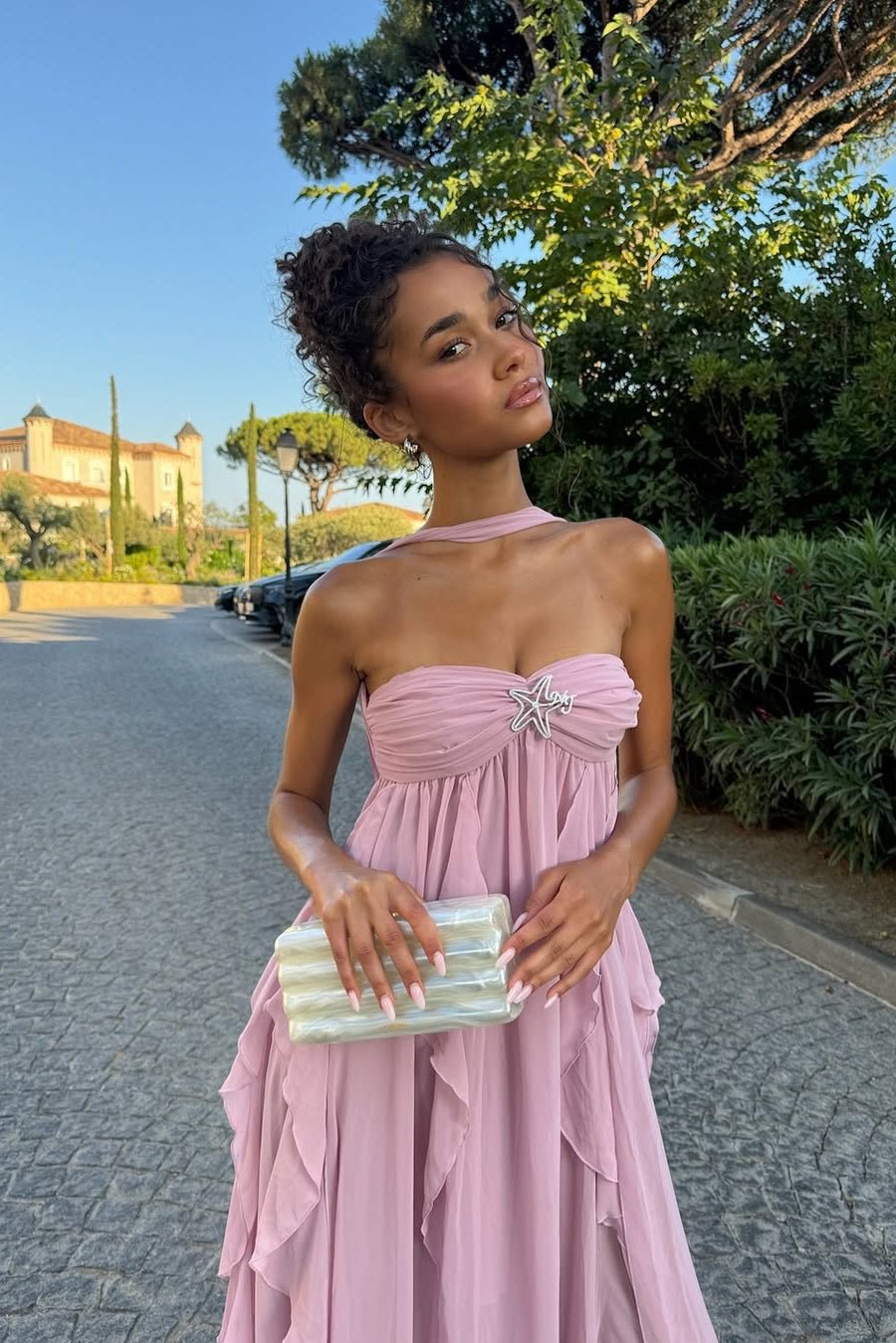 Vestido maxi com folhos sem alças Harper