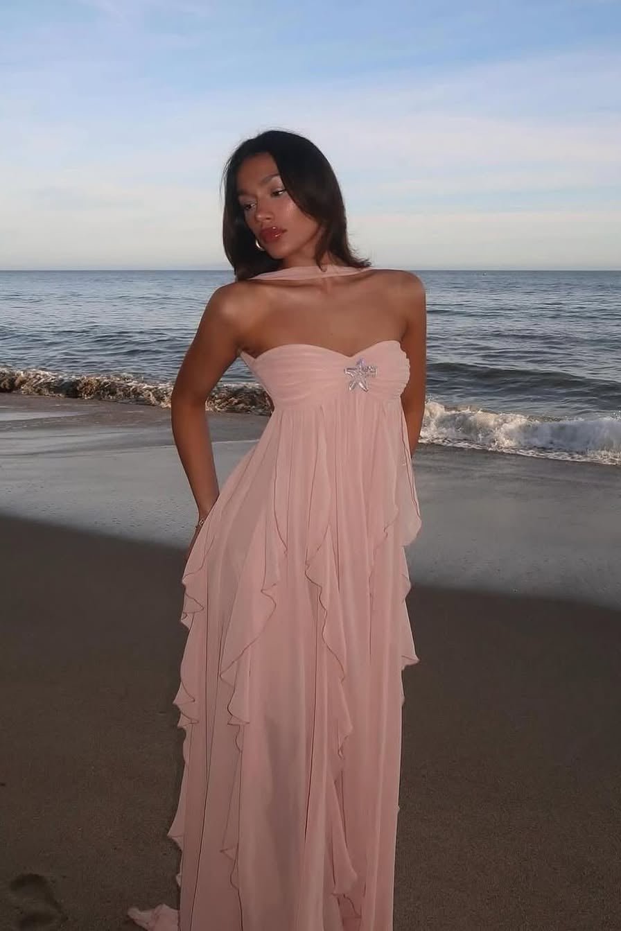 Vestido maxi com folhos sem alças Harper