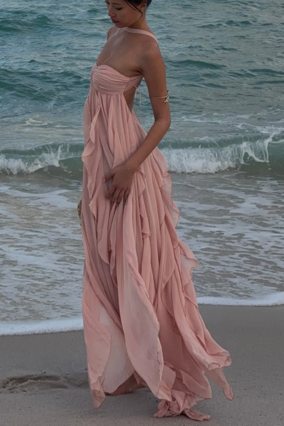 Vestido maxi com folhos sem alças Harper