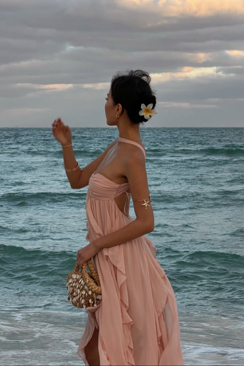 Vestido maxi com folhos sem alças Harper
