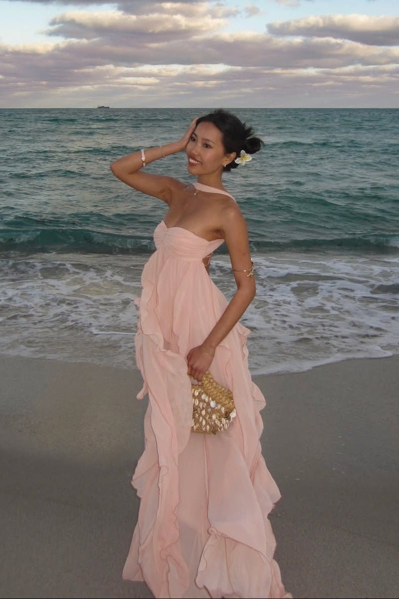 Vestido maxi com folhos sem alças Harper