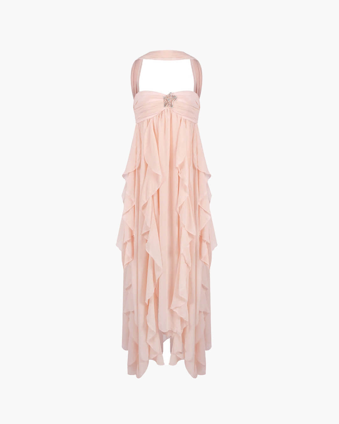 Vestido maxi com folhos sem alças Harper